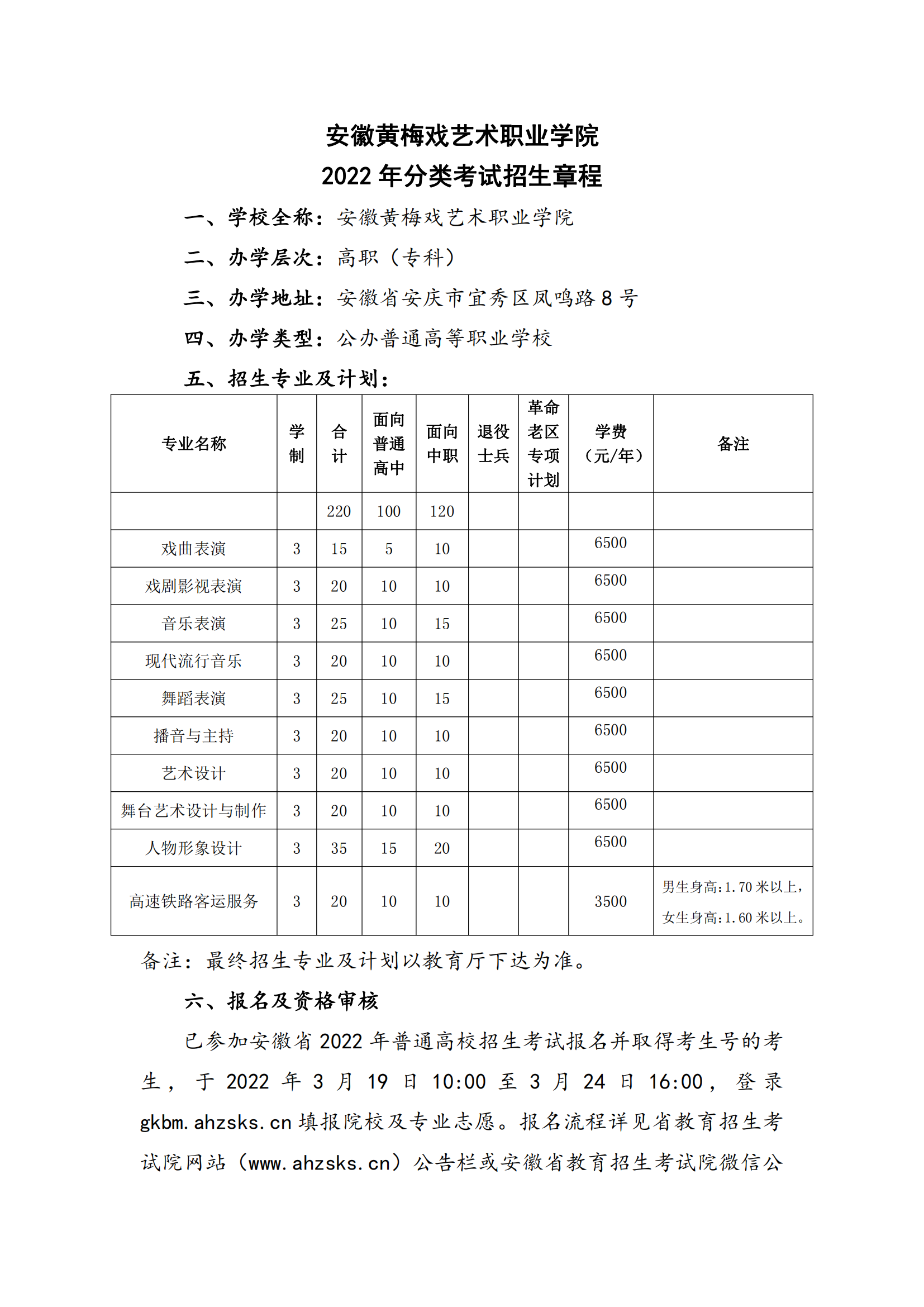 安徽黄梅戏艺术职业学院2022年分类考试招生章程