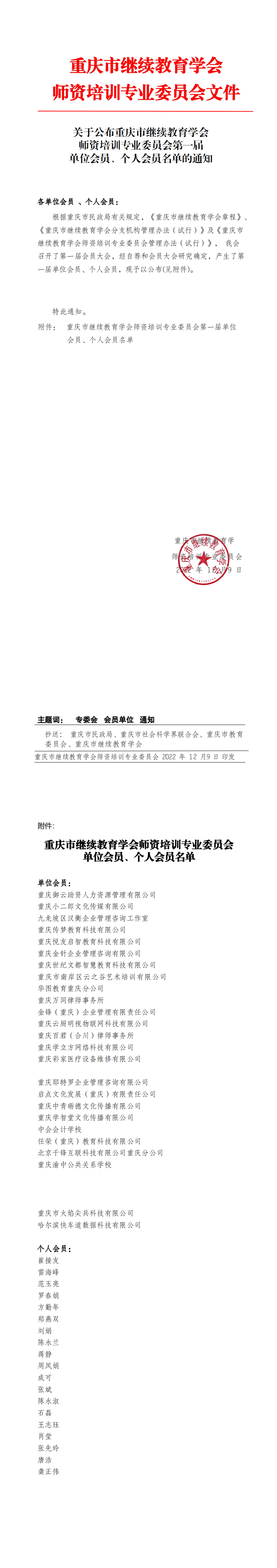 关于公布专委会第一届单位会员、个人会员的通知