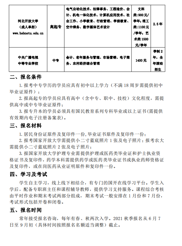 ​张家口开放大学2021年秋季招生简章