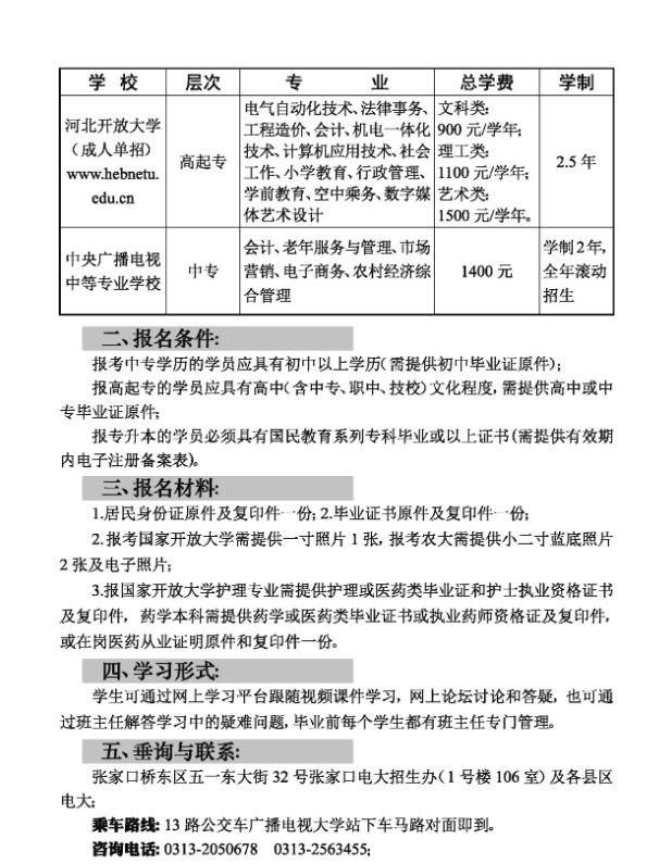 张家口开放大学2021年春季招生简章