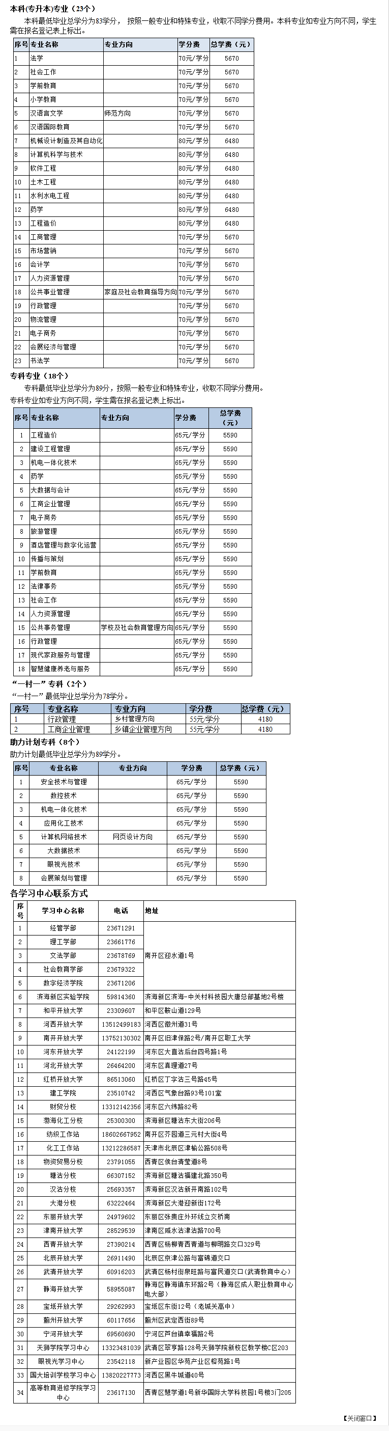 天津开放大学（宝坻分校）2023年春季开放教育招生简章(本科、专科专业全) 
