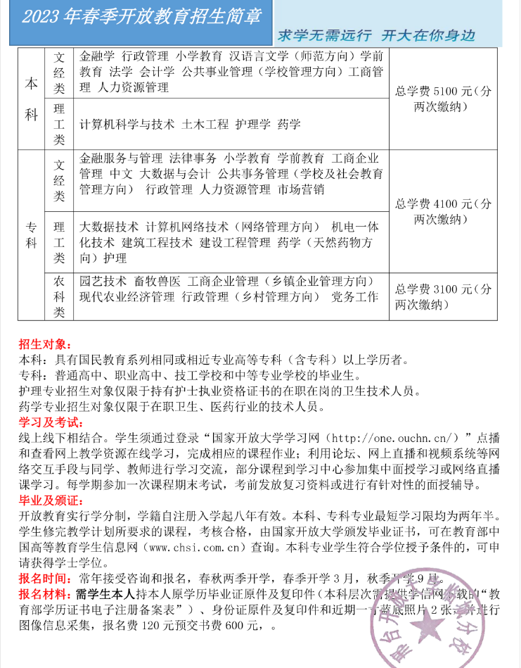 临城开放大学2023年春季学期招生简章