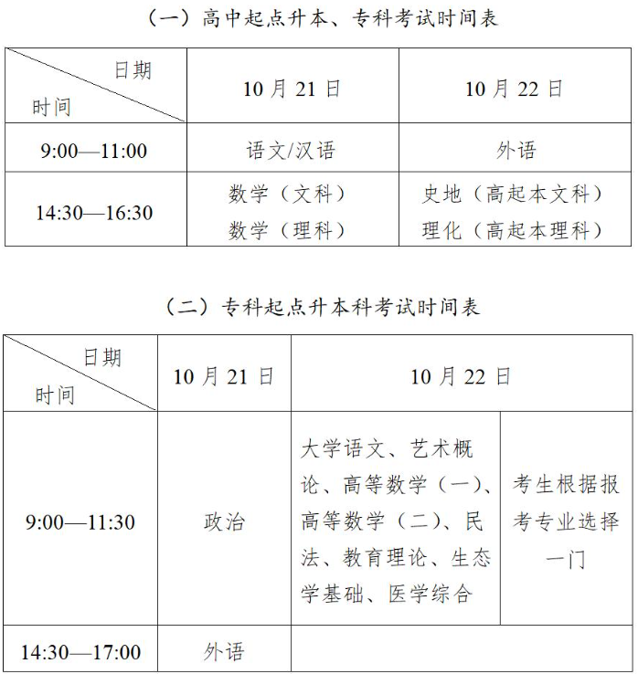 成人高考考试是什么时间？