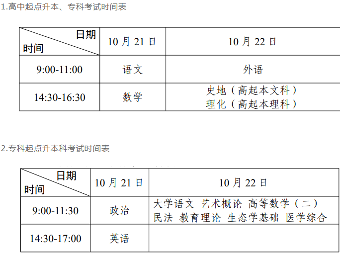 广州成人高考考试时间安排？