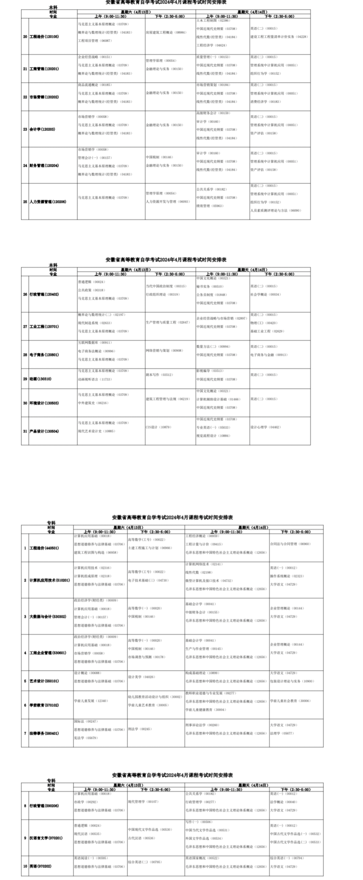 2024年4月安徽省自考考试安排