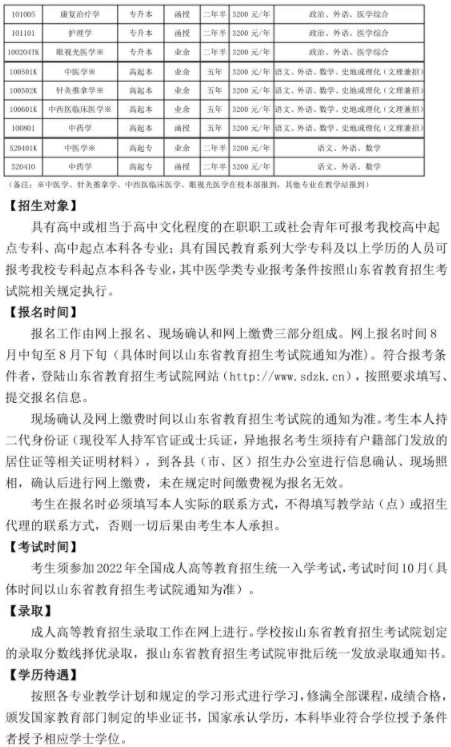 山东中医药大学2022年成人高等教育招生简章