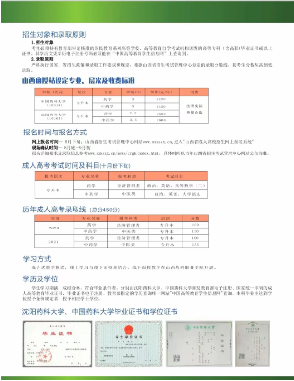 沈阳药科大学、中国药科大学2022年成人高等教育招生简章（山西）