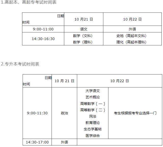 河南成人高考专升本考试时间？