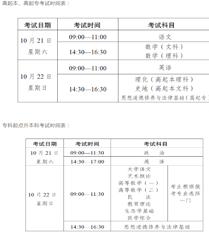 昆明成人高考考试时间？