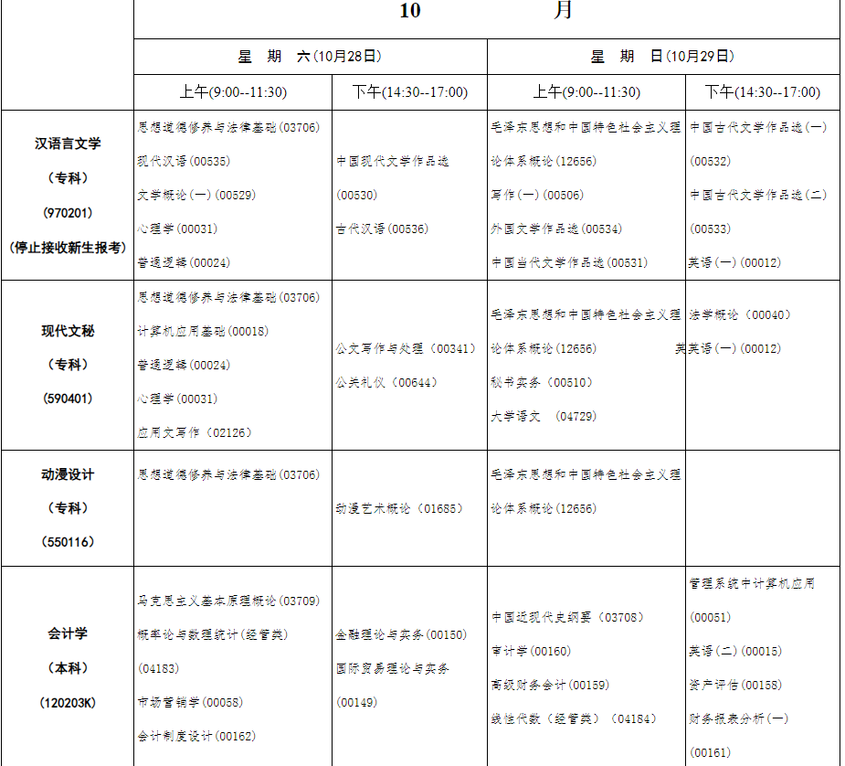 2023年10月内蒙古自学考试考试安排