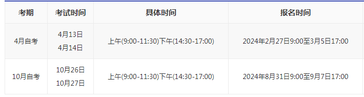 云南自考报名时间和考试时间是多久？