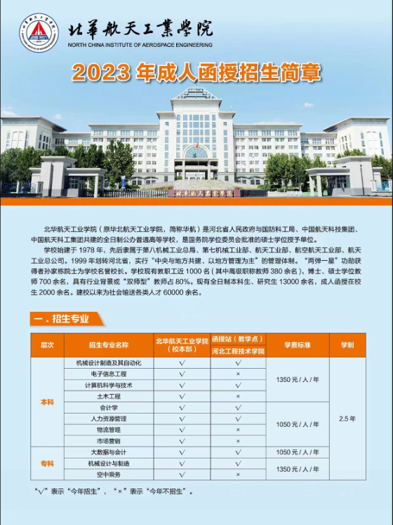 2023年北华航天工业学院继续教育学院函授招生简章