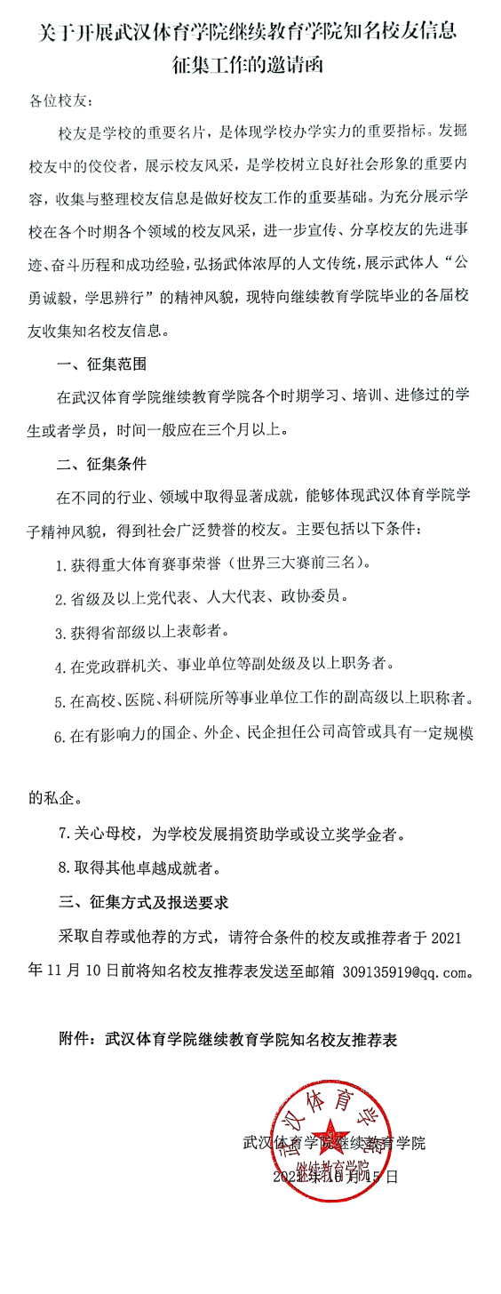 关于开展武汉体育学院继续教育学院知名校友信息征集工作的邀请函