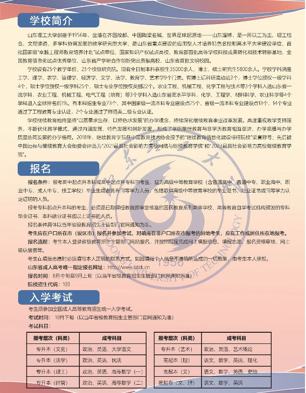 山东理工大学2024年高等学历继续教育招生简章