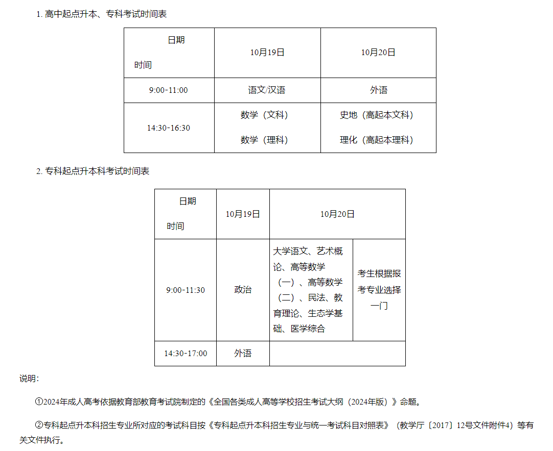 2024年湖南省成人高考考试时间：10月19日至10月20日