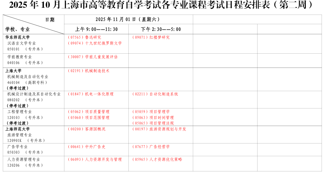 ​2025年10月上海市自考考试安排