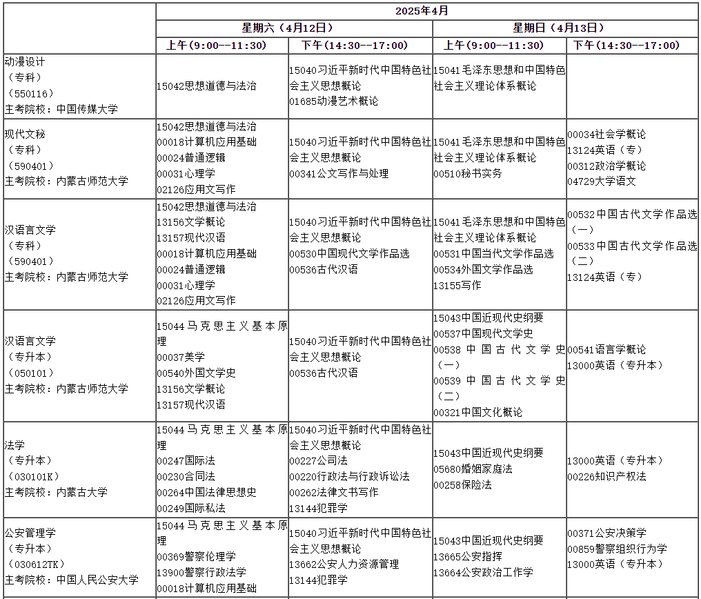 ​2025年4月内蒙古自考考试安排