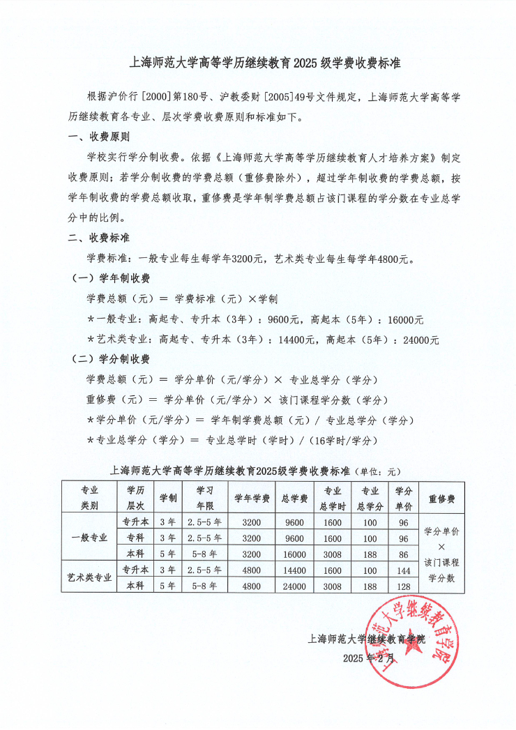 上海师范大学高等学历继续教育 2025 级学费收费标准