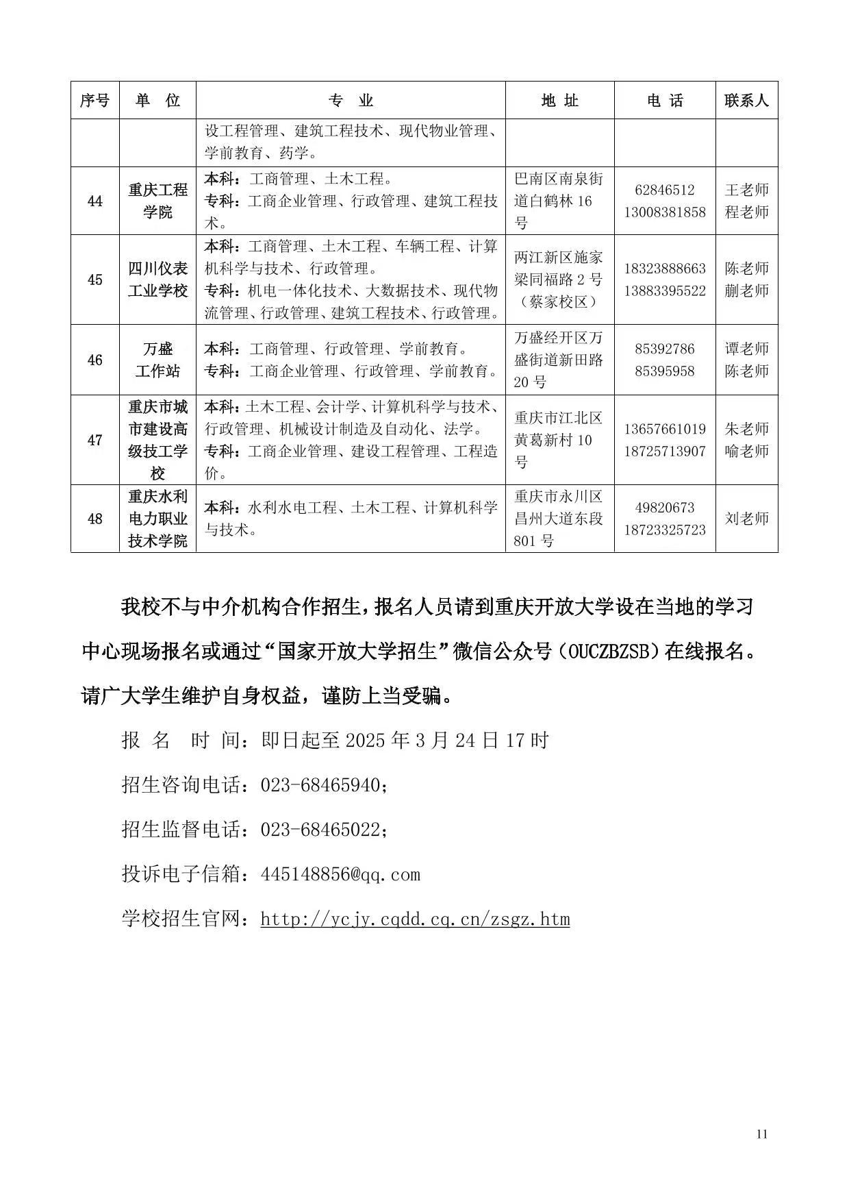 国家开放大学（重庆）重庆开放大学2025年春季学期招生简章
