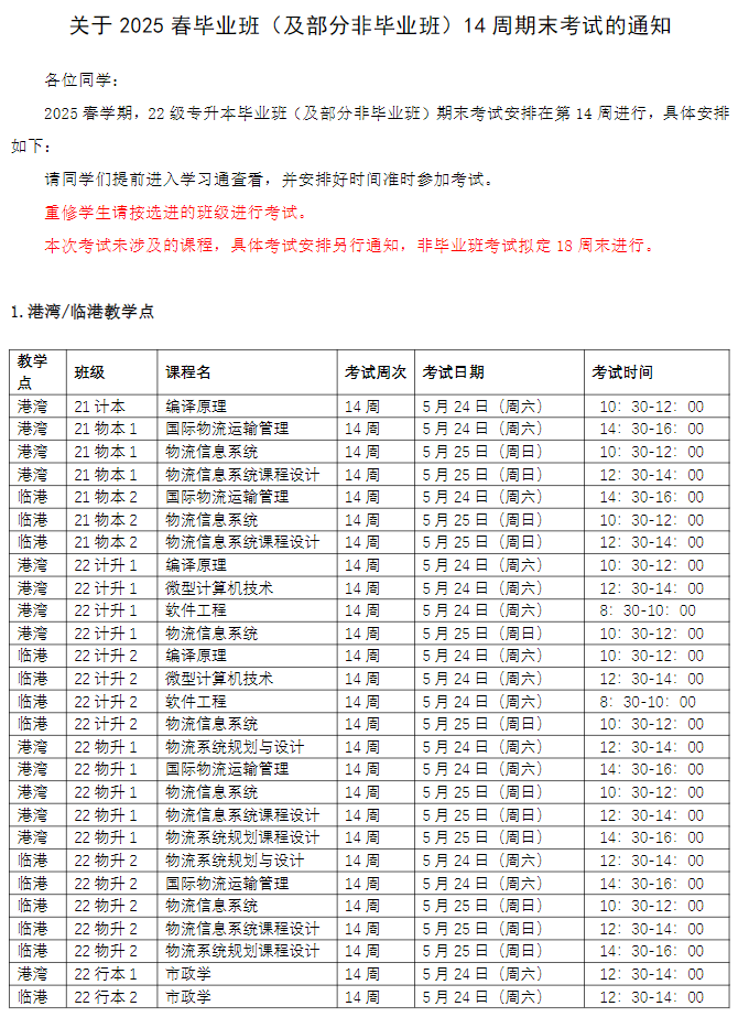 关于2025春毕业班（及部分非毕业班）14周期末考试的通知