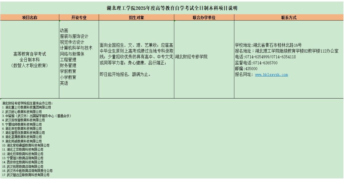 湖北理工学院2025年度高等教育自学考试全日制本科项目说明