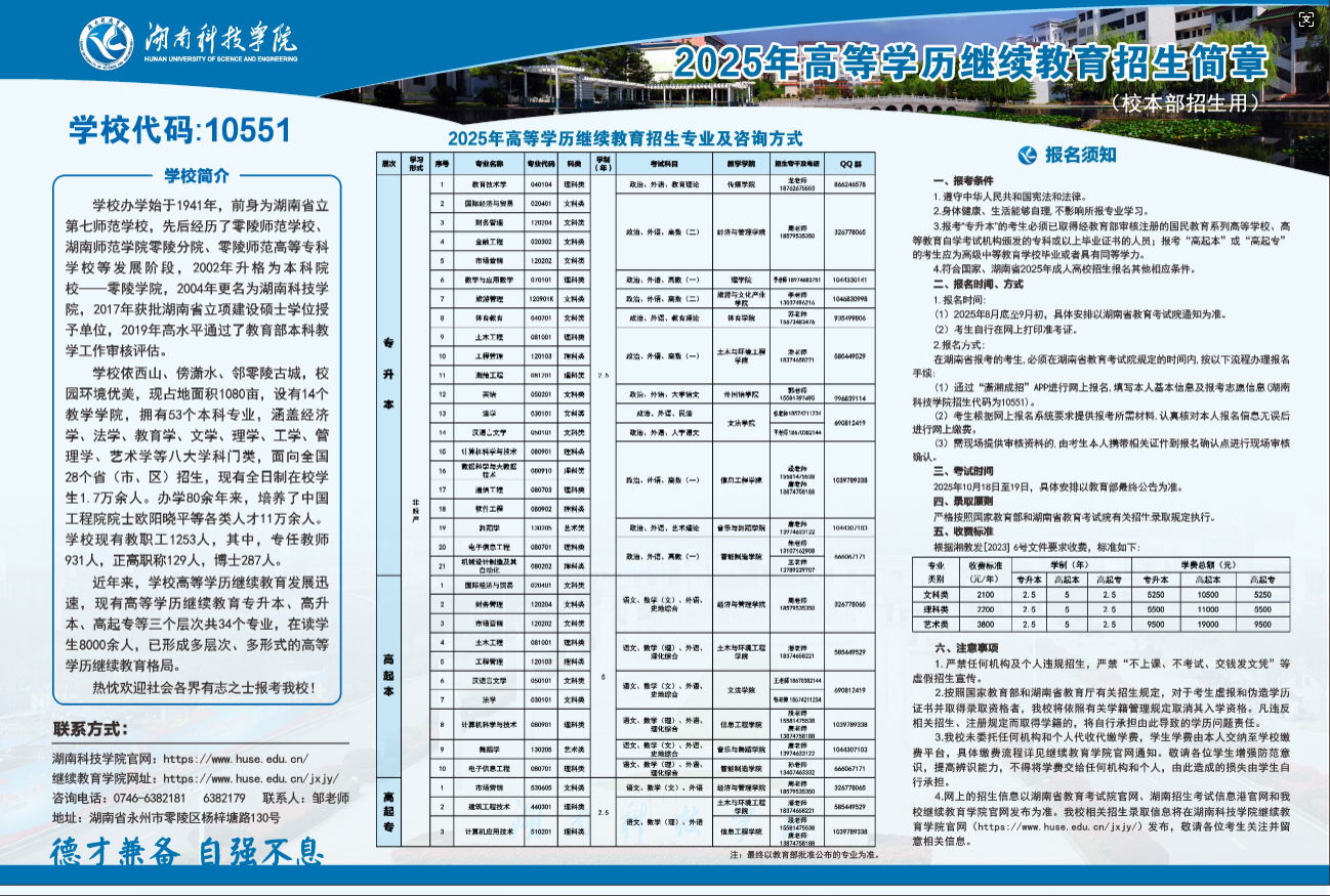 湖南科技学院高等学历继续教育2025年招生简章