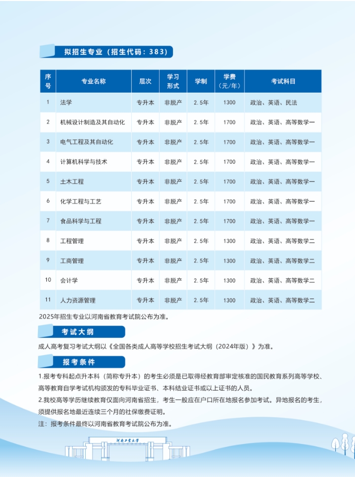河南工业大学2025年高等学历继续教育招生简章