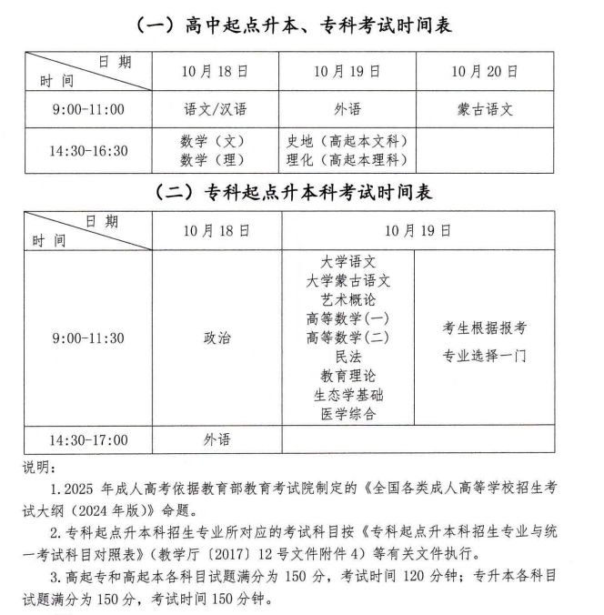 2025年内蒙古成人高考考试时间:10月18日至10月19日 2025年内蒙古成人高考考试时间:10月18日至10月19日