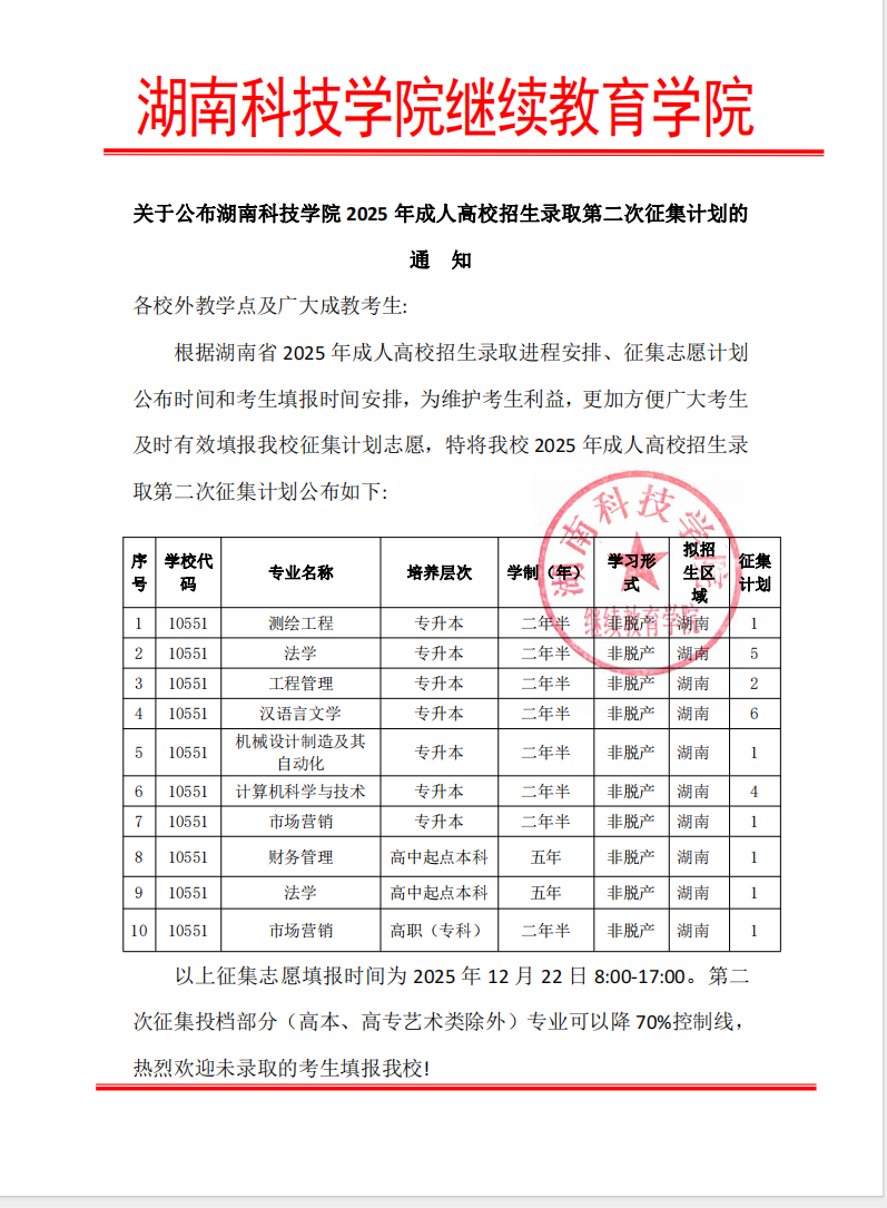 关于公布湖南科技学院2025年成人高校招生录取第二次征集计划的通知