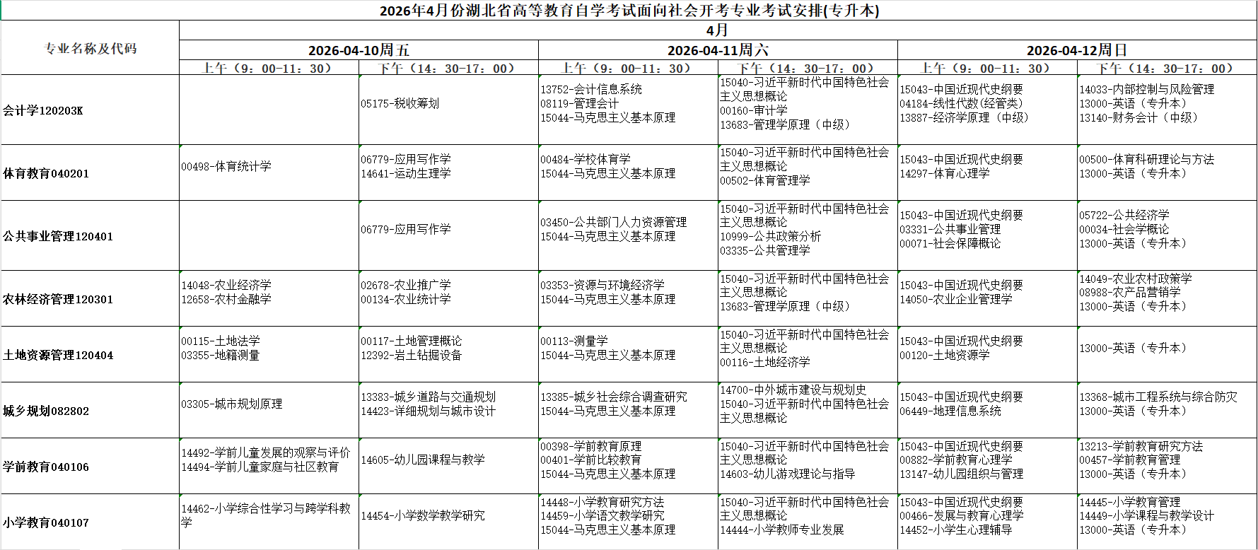 2026年4月湖北省自考考试安排 2026年4月湖北省自考考试安排