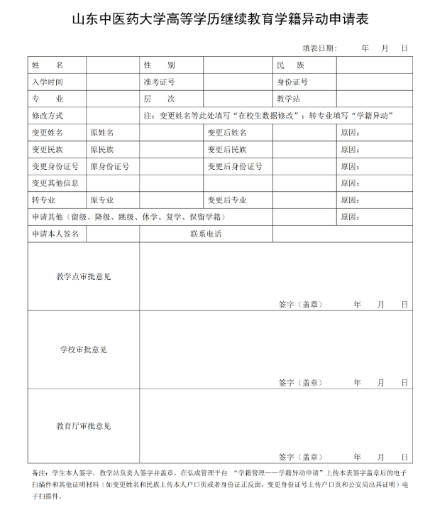 山东中医药大学高等学历继续教育学籍异动申请表