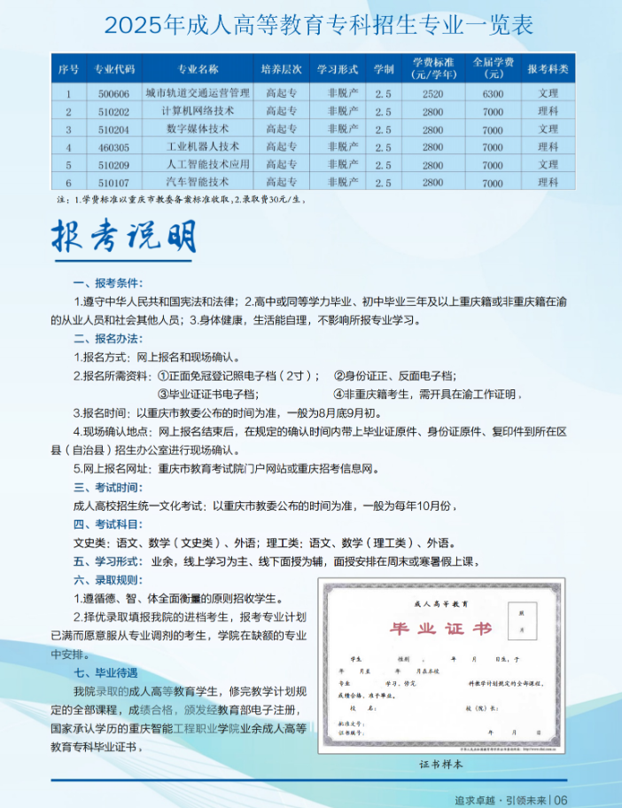 重庆智能工程职业学院2025年成人高等教育报考指南
