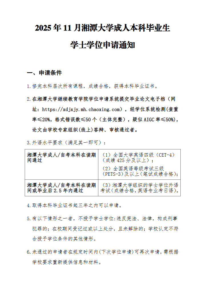 2025年11月湘潭大学成人本科毕业生学士学位申请通知