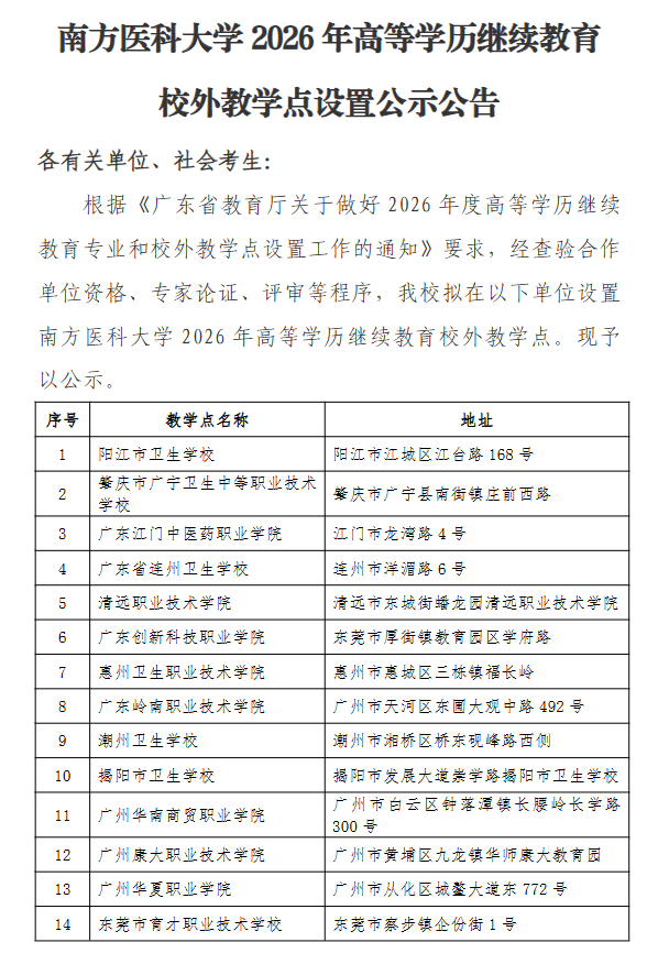 南方医科大学2026年高等学历继续教育校外教学点设置公示公告