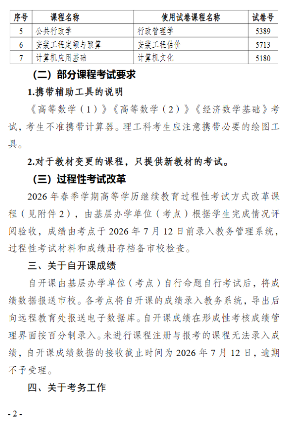 关于2026年春季学期高等学历继续教育期末考试安排的通知