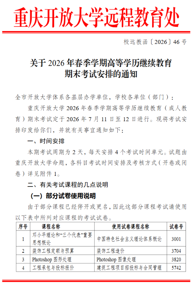 关于2026年春季学期高等学历继续教育期末考试安排的通知