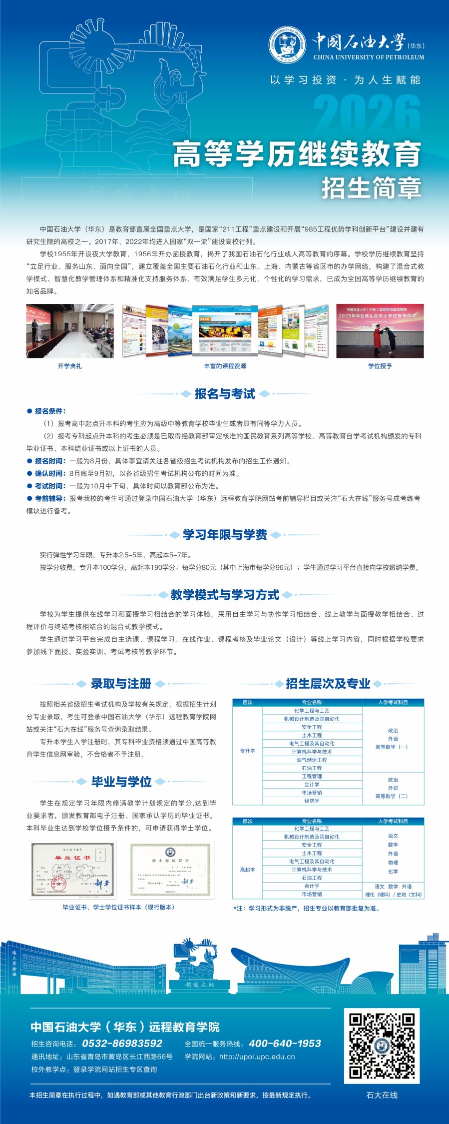 中国石油大学（华东）高等学历继续教育2026年招生简章