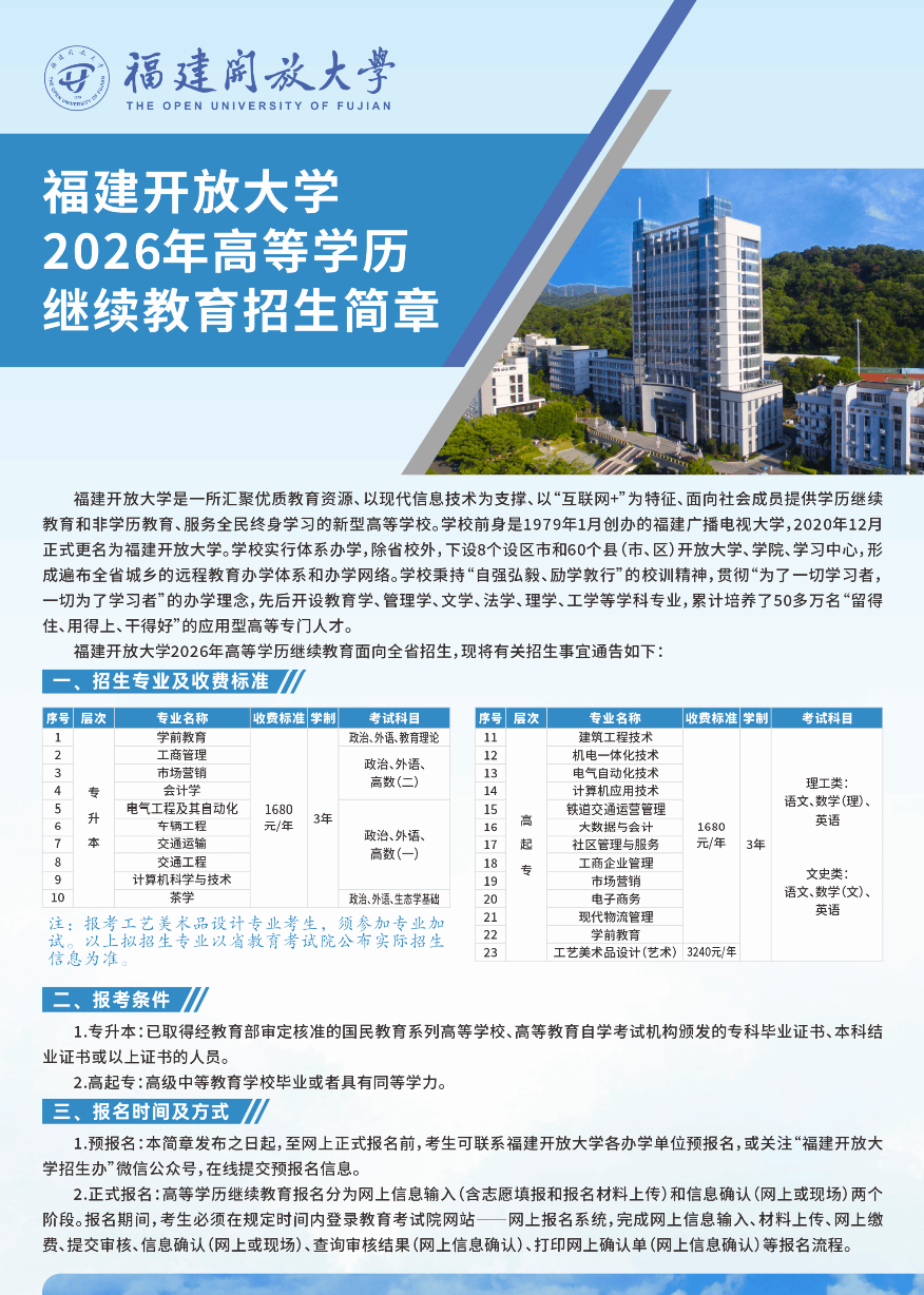 福建开放大学2026年高等学历继续教育招生简章