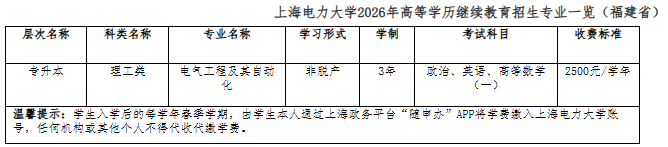 上海电力大学高等学历继续教育2026年招生简章 (福建省) 上海电力大学高等学历继续教育2026年招生简章 (福建省)