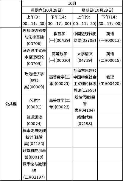 2023年10月青海自考考试时间安排表-1