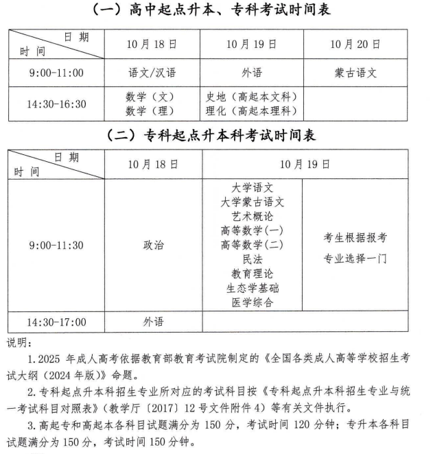 2025年内蒙古成人高考考试时间：10月18日至10月19日
