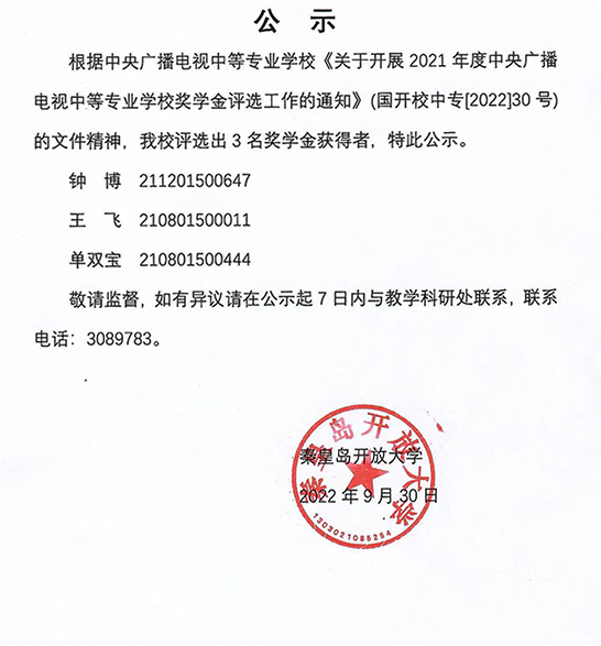 2021年度秦皇岛开放大学中专奖学金公示