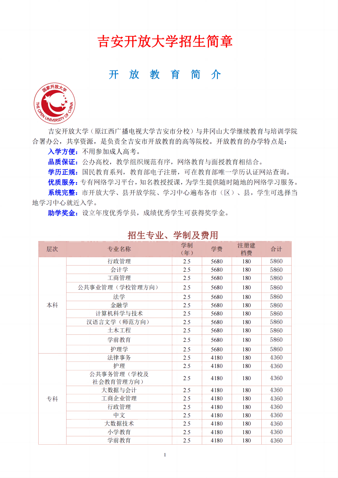 吉安吉水县开放大学2023年春季开放教育招生简章