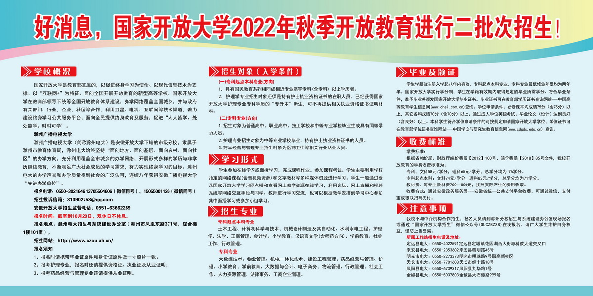 好消息，国家开放大学（定远分校）2022年秋季开放教育二批次招生了！