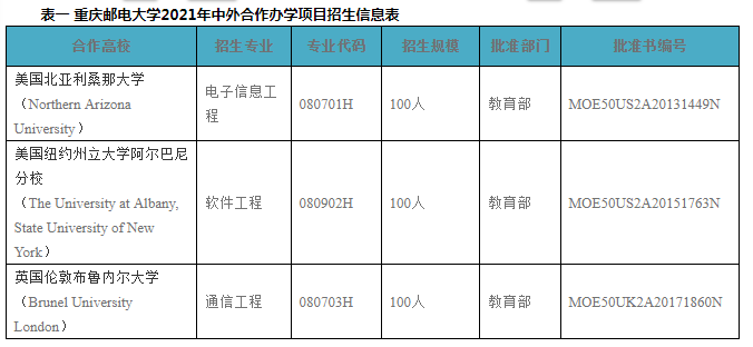 重庆邮电大学2021年中外合作办学项目招生简章
