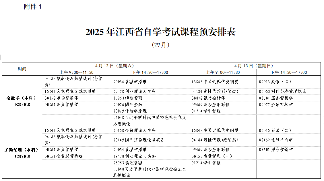2025年4月江西省自考考试安排