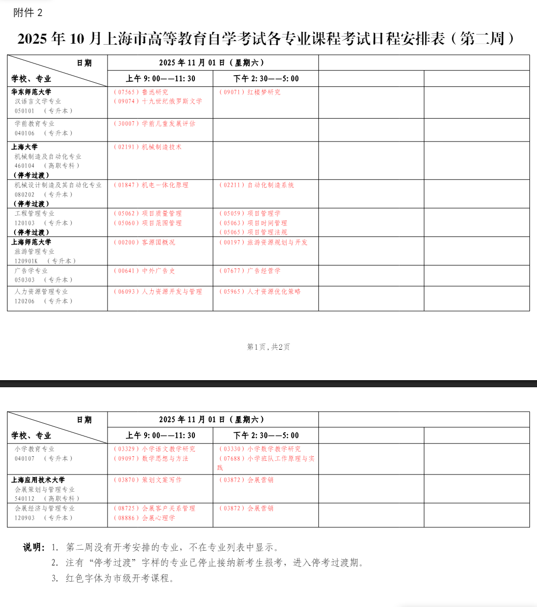 2025年10月上海市自学考试考试安排