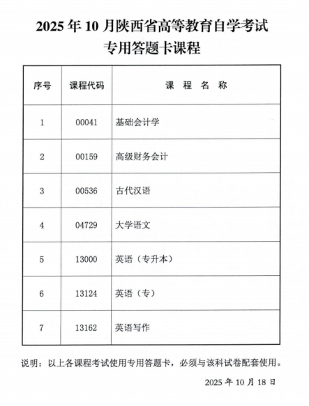 2025年10月陕西省自学考试专用答题卡等课程信息公布 2025年10月陕西省自学考试专用答题卡等课程信息公布