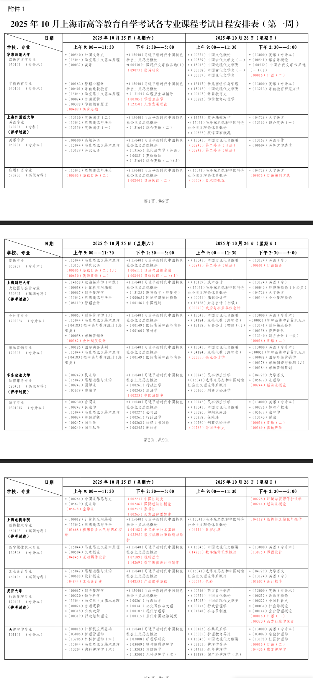 2025年10月上海市自学考试考试安排