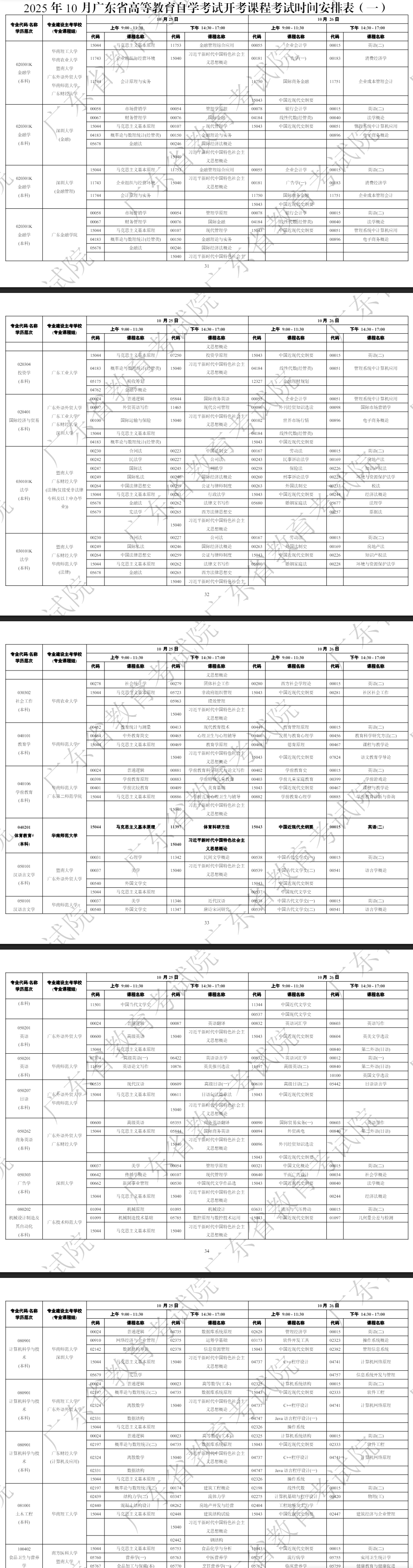 2025年10月广东省自学考试考试安排